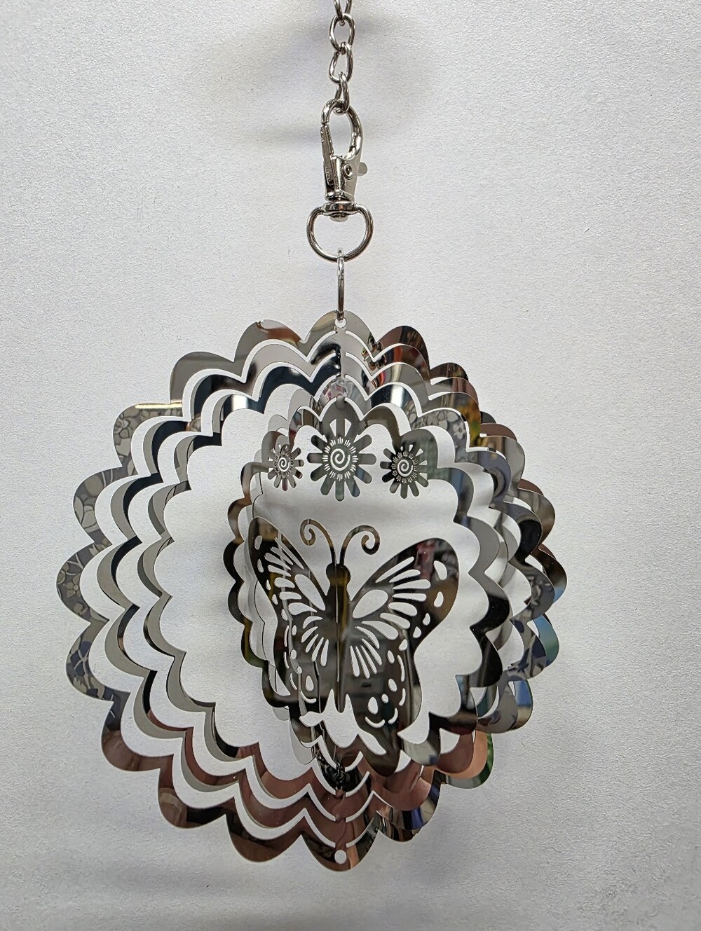 Hanging Butterfly Wind Spinner - Silver Mirror Finish
